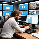 ** A journalist at a bustling newsroom, balancing between fact-checking on a computer and receiving updates on social media, symbolizing the ethical challenges in digital journalism.

**