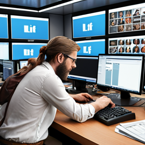 Home 4 ** A journalist at a bustling newsroom, balancing between fact-checking on a computer and receiving updates on social media, symbolizing the ethical challenges in digital journalism.
**