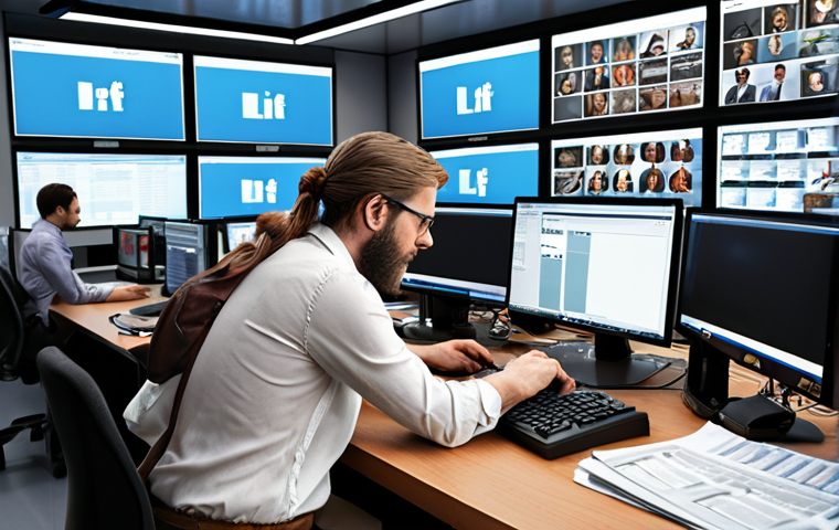 ** A journalist at a bustling newsroom, balancing between fact-checking on a computer and receiving updates on social media, symbolizing the ethical challenges in digital journalism.
**