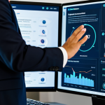 A professional digital media strategist, fully clothed in modest business attire, confidently standing in a modern, vibrant digital media office. Multiple screens in the background display diverse revenue streams such as dynamic subscription interfaces, e-commerce platforms, and interactive virtual event dashboards, subtly indicating data analytics. The overall atmosphere is innovative and forward-thinking, captured with high-resolution professional photography, natural lighting, and sharp focus. perfect anatomy, correct proportions, well-formed hands, proper finger count, natural pose, safe for work, appropriate content, fully clothed, professional.