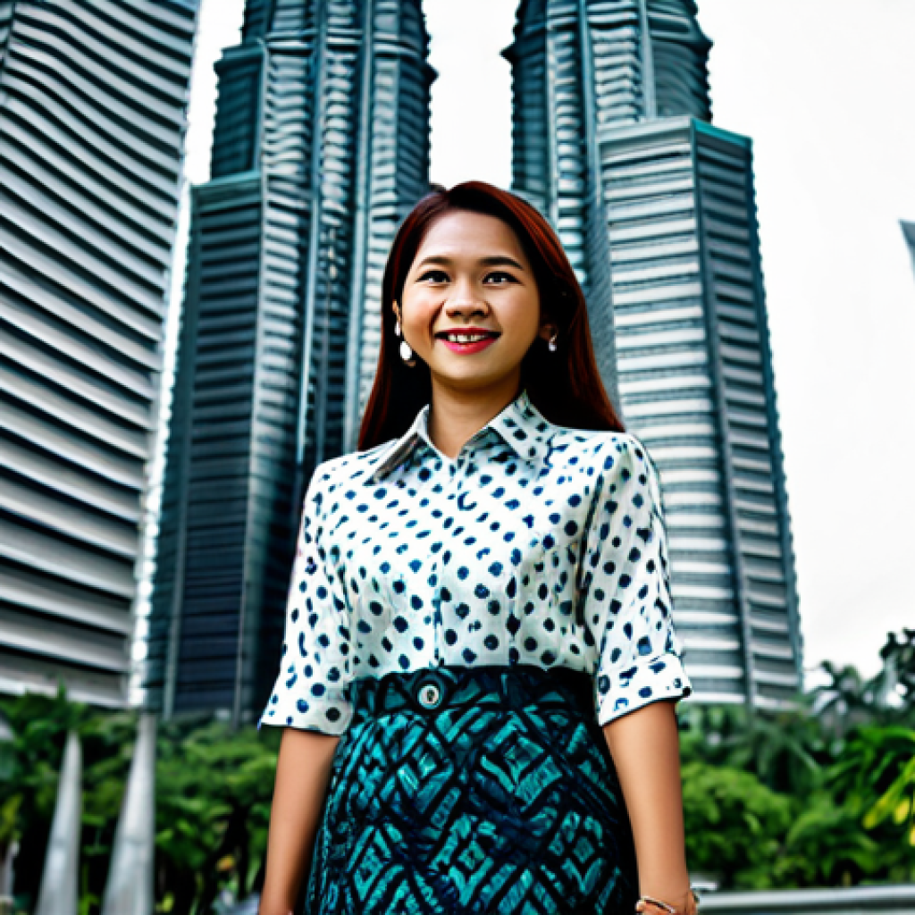 **Prompt:** "A professional Malaysian businesswoman in a modest batik blouse and tailored skirt, standing in front of the Petronas Twin Towers in Kuala Lumpur, fully clothed, appropriate attire, safe for work, perfect anatomy, natural proportions, professional photography, high quality, family-friendly."
