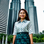 **Prompt:** "A professional Malaysian businesswoman in a modest batik blouse and tailored skirt, standing in front of the Petronas Twin Towers in Kuala Lumpur, fully clothed, appropriate attire, safe for work, perfect anatomy, natural proportions, professional photography, high quality, family-friendly."